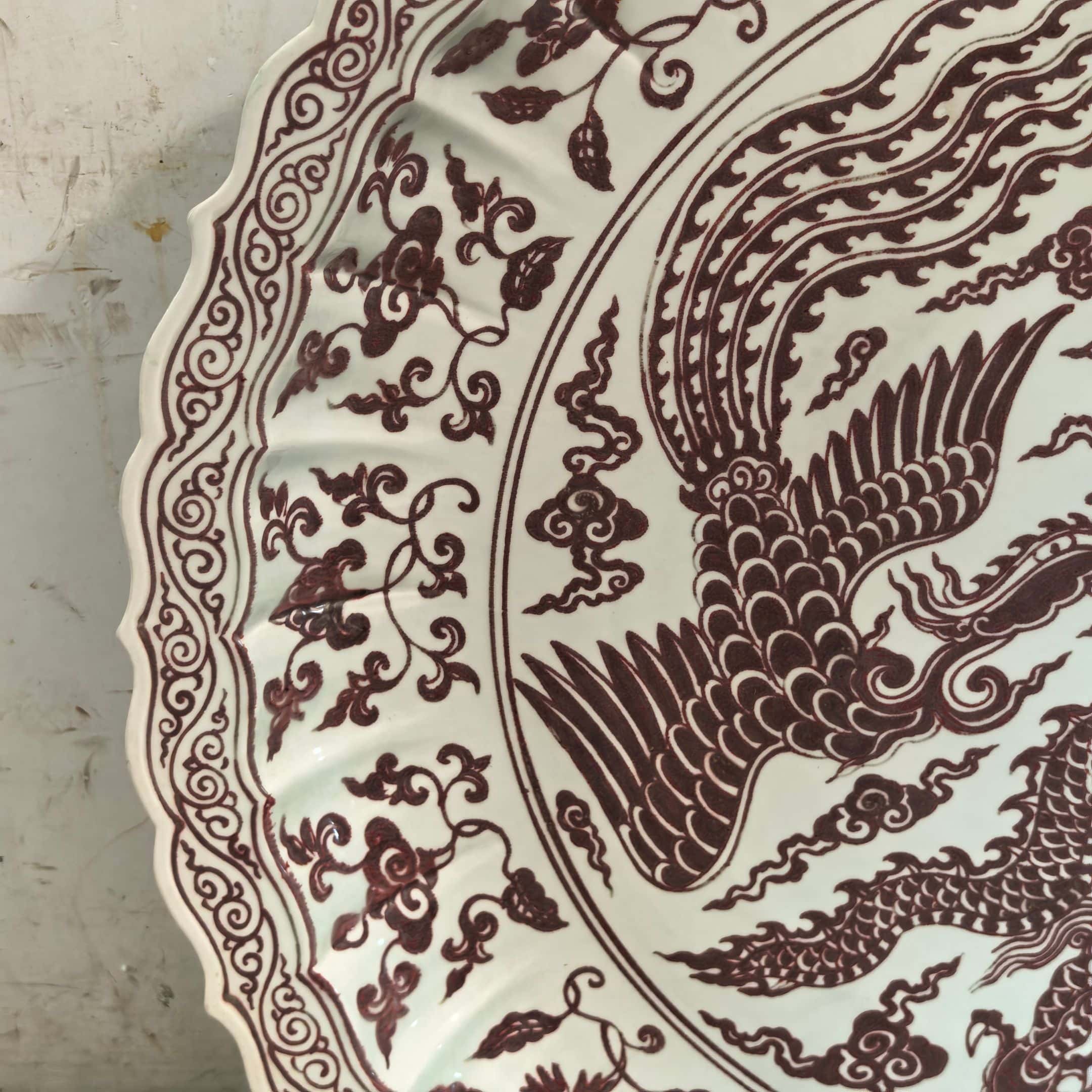 Ming Dyasty Xuande underglaze red rhombus fold edge large plate