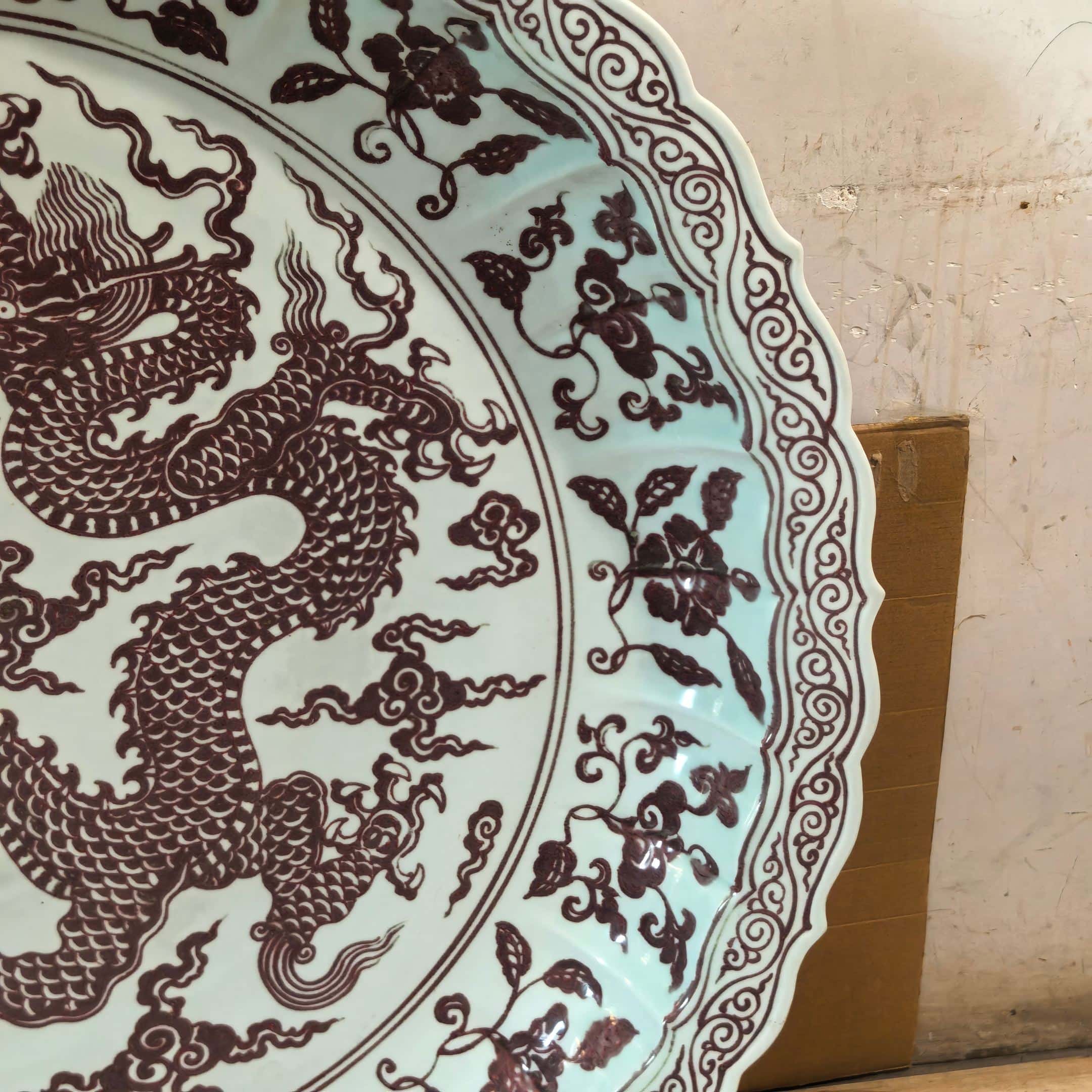 Ming Dyasty Xuande underglaze red rhombus fold edge large plate