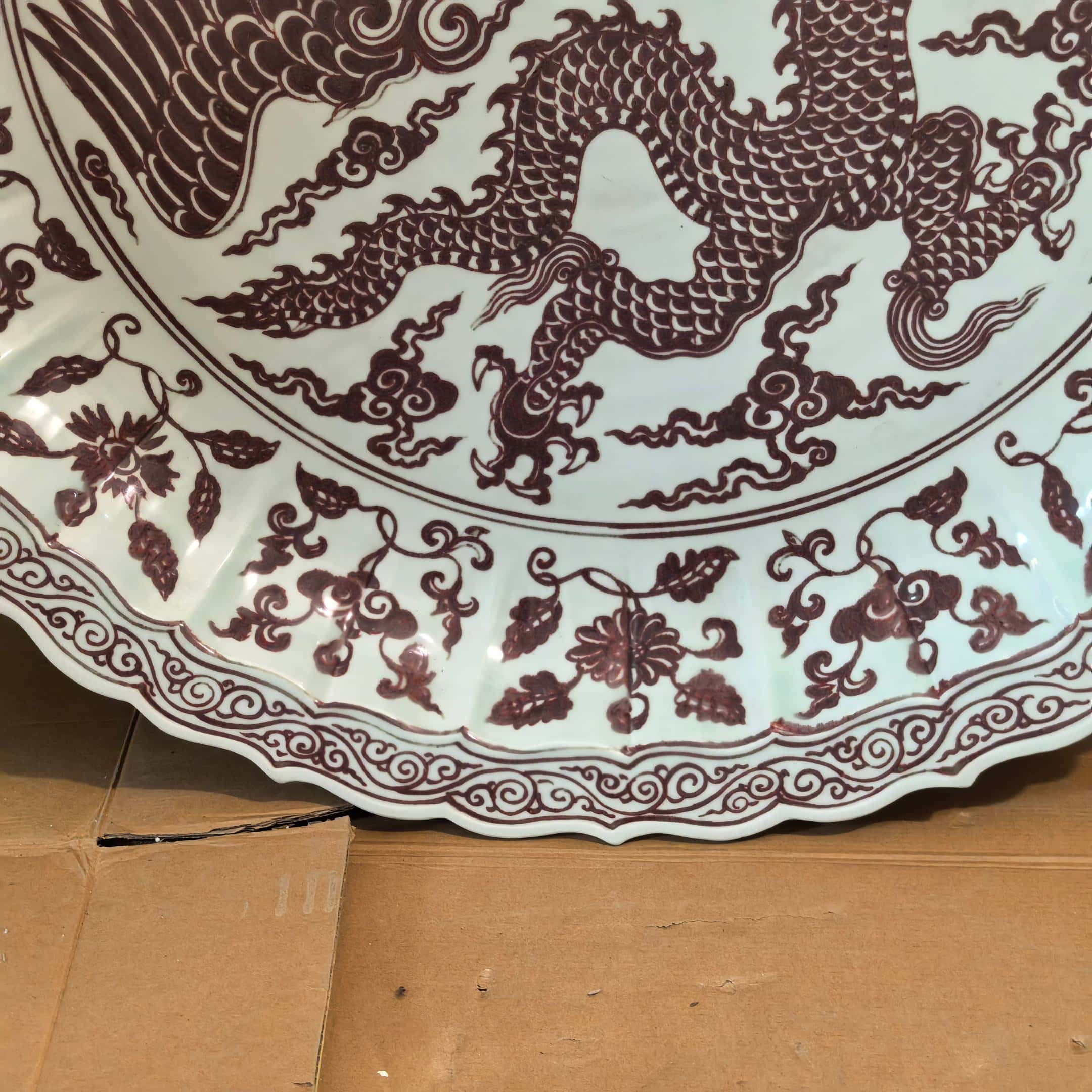 Ming Dyasty Xuande underglaze red rhombus fold edge large plate