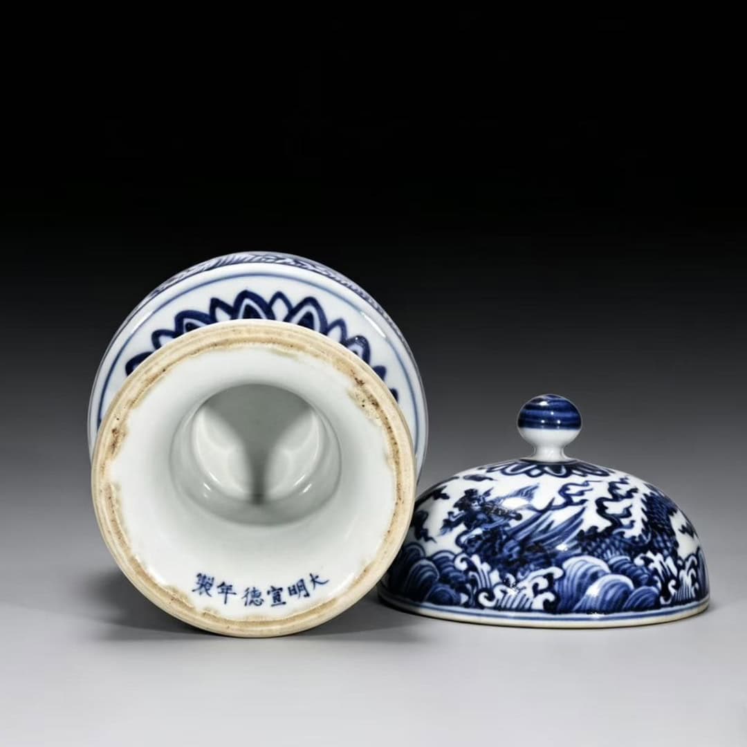Ming Dynasty Xuande blue and white seawater pterodactyl bean