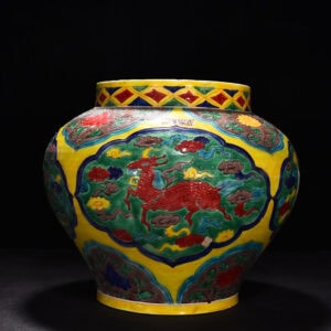 Ming Dynasty Yongle enamel jar with unicorn and phoenix pattern