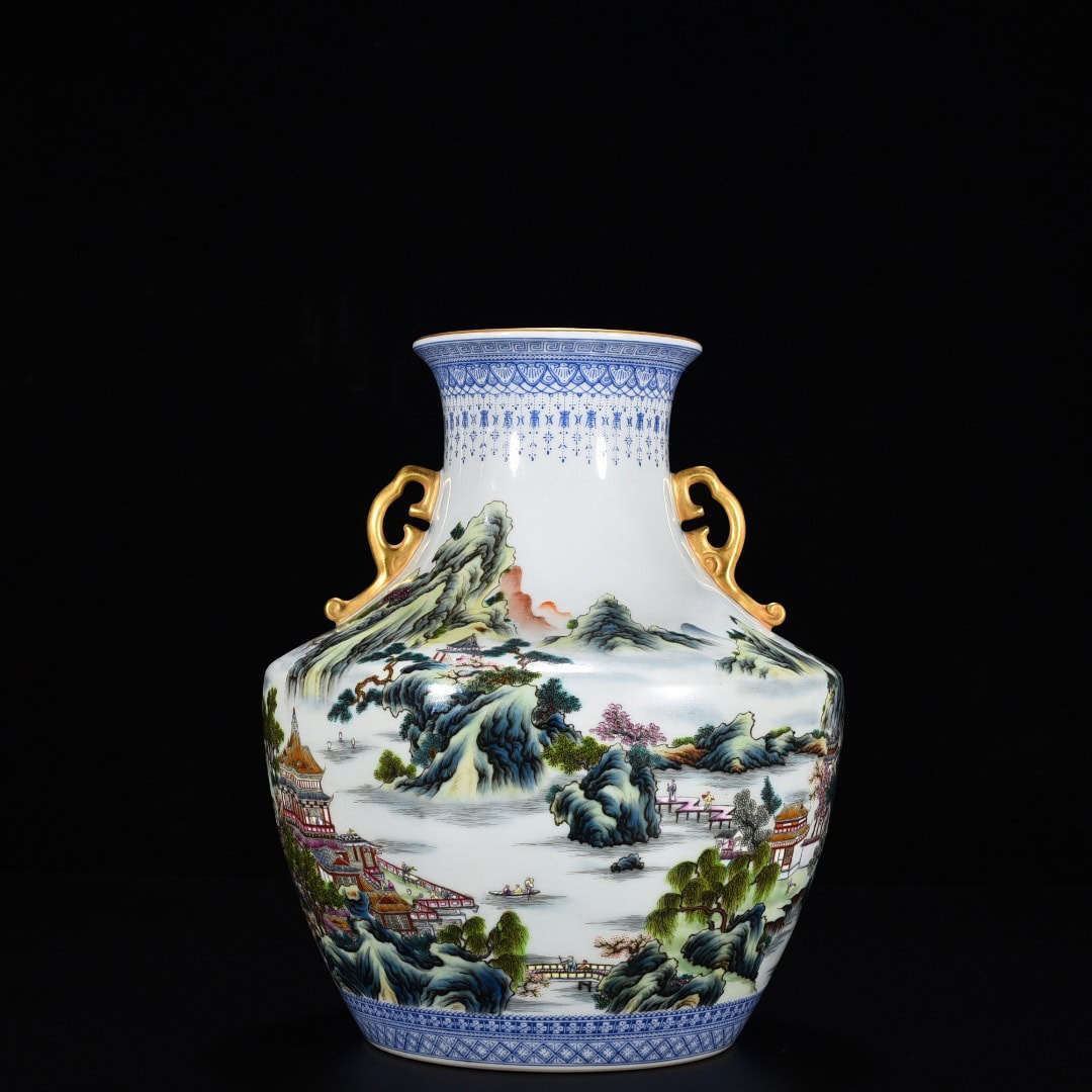 Qing Dynasty Qianlong pastel landscape pavilion amphorae