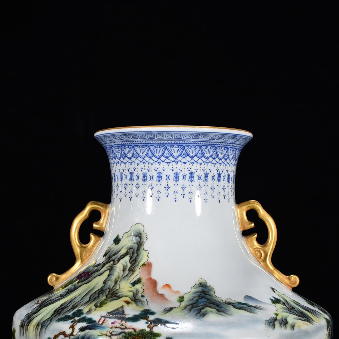 Qing Dynasty Qianlong pastel landscape pavilion amphorae