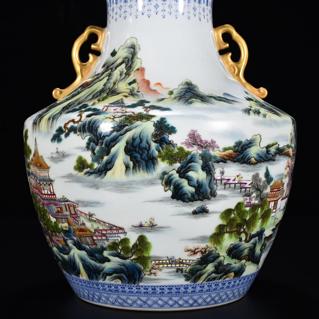 Qing Dynasty Qianlong pastel landscape pavilion amphorae