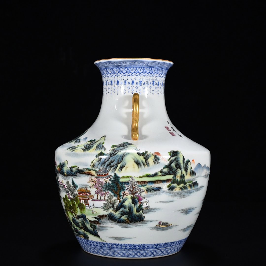 Qing Dynasty Qianlong pastel landscape pavilion amphorae