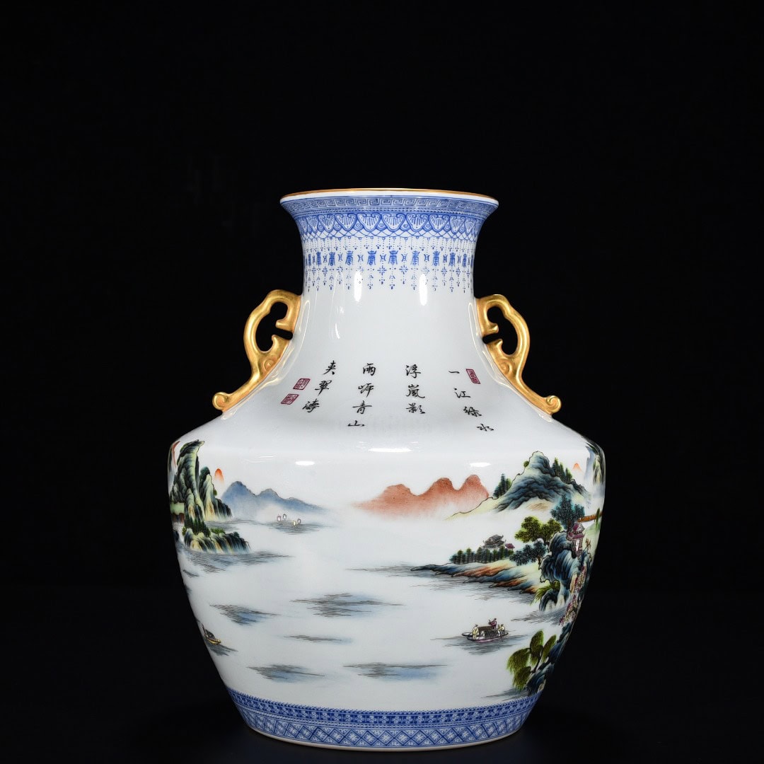 Qing Dynasty Qianlong pastel landscape pavilion amphorae