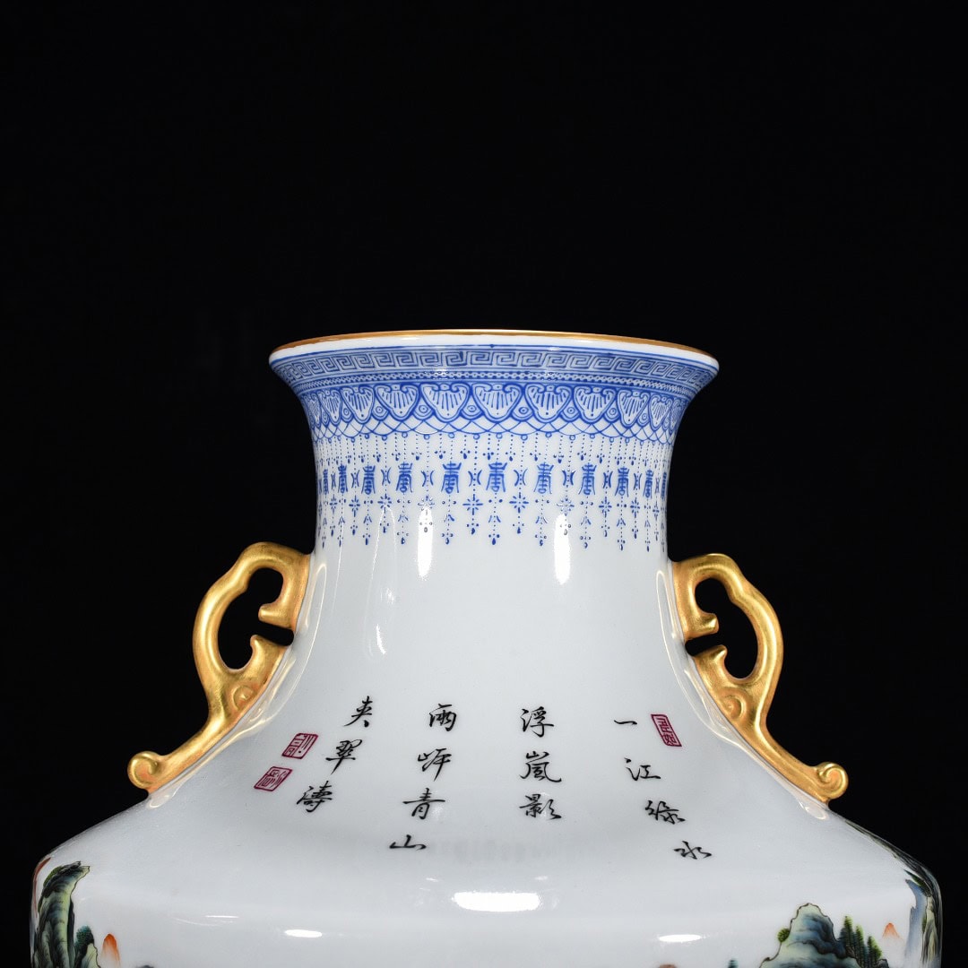 Qing Dynasty Qianlong pastel landscape pavilion amphorae