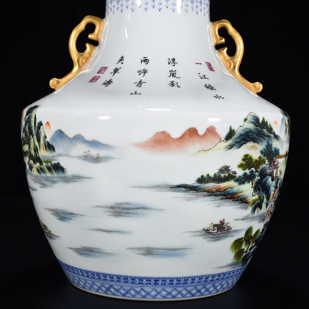 Qing Dynasty Qianlong pastel landscape pavilion amphorae
