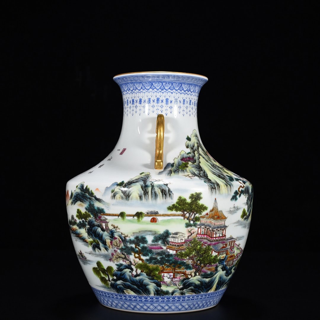 Qing Dynasty Qianlong pastel landscape pavilion amphorae