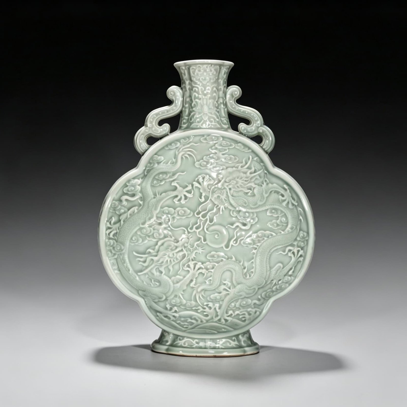 Qing Dynasty Qianlong pink celadon glaze flat bottle