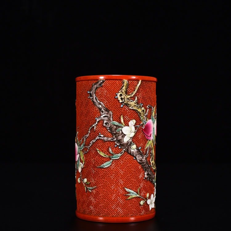 Qing Dynasty Qianlong red ground carved pen holder