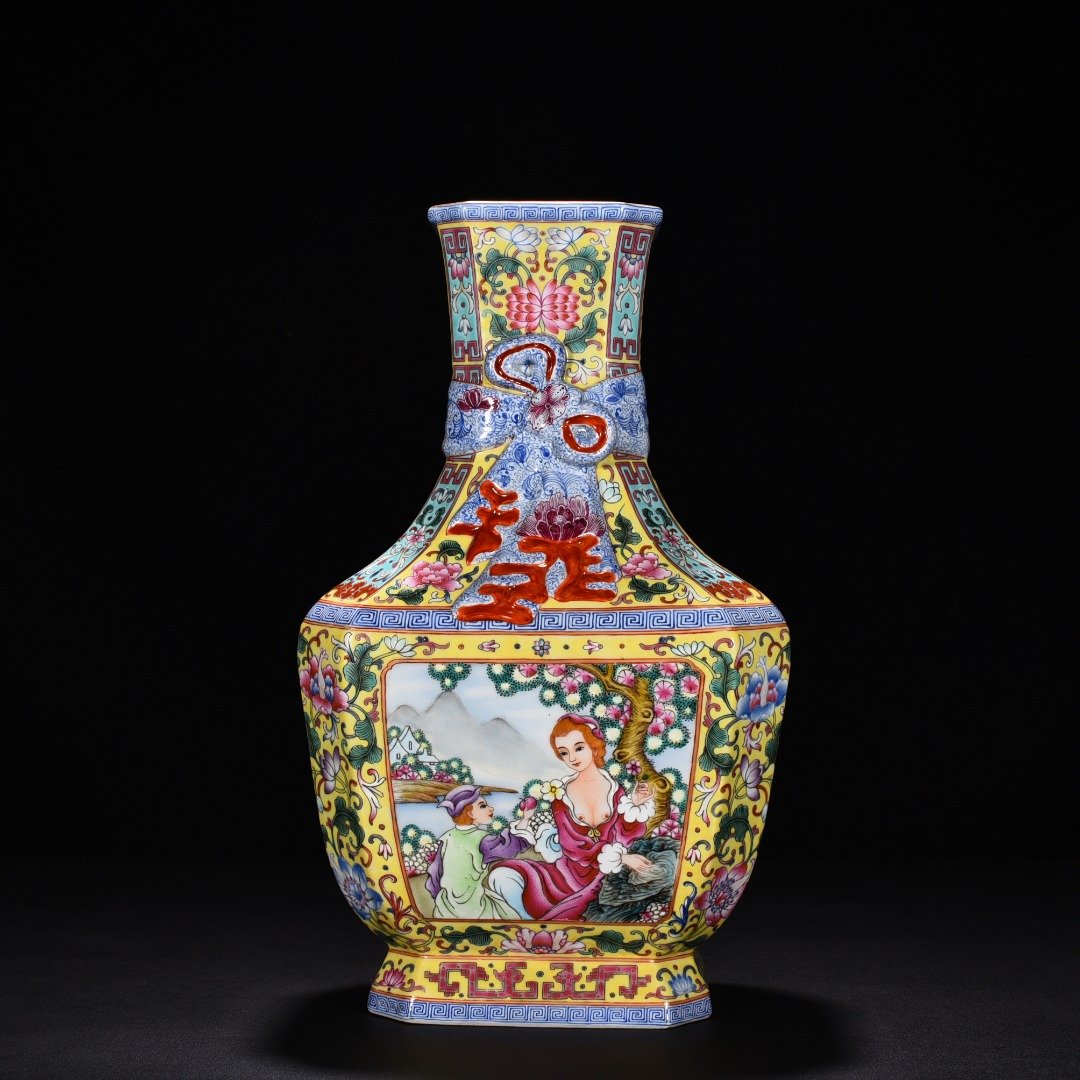 Qing Dynasty Qianlong yellow ground enamel square vase
