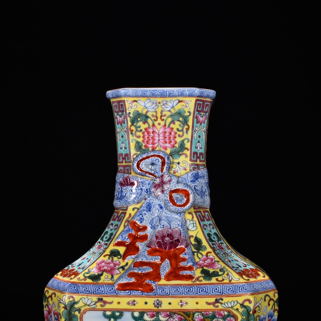 Qing Dynasty Qianlong yellow ground enamel square vase