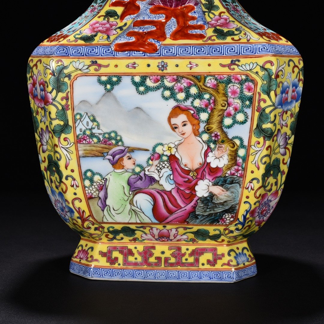 Qing Dynasty Qianlong yellow ground enamel square vase