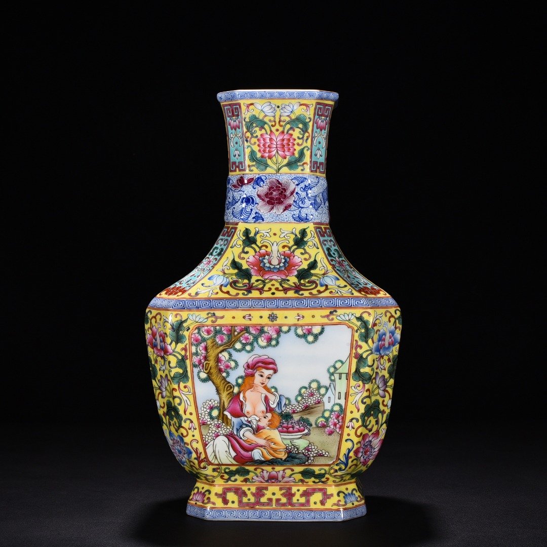 Qing Dynasty Qianlong yellow ground enamel square vase