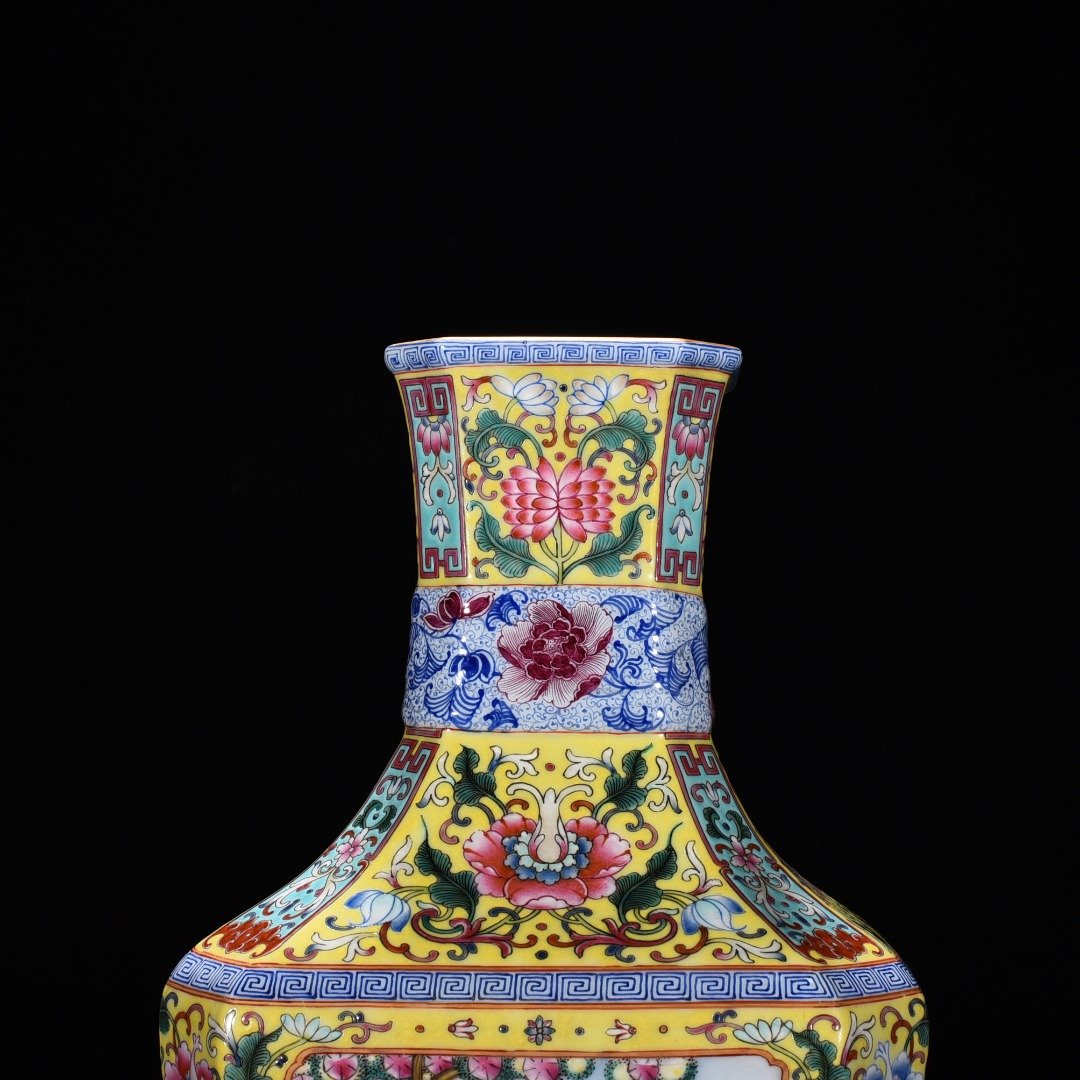 Qing Dynasty Qianlong yellow ground enamel square vase
