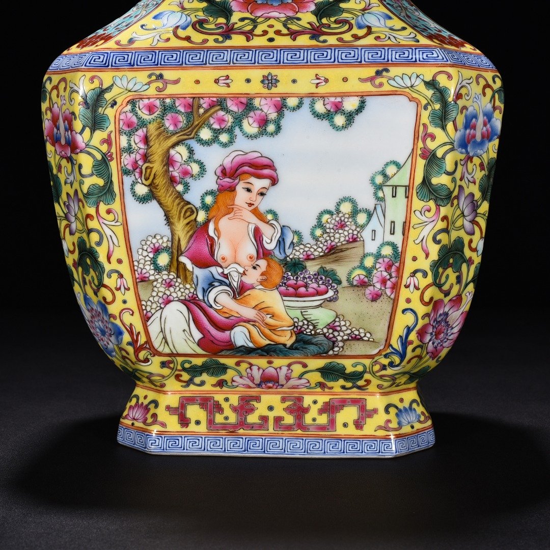 Qing Dynasty Qianlong yellow ground enamel square vase
