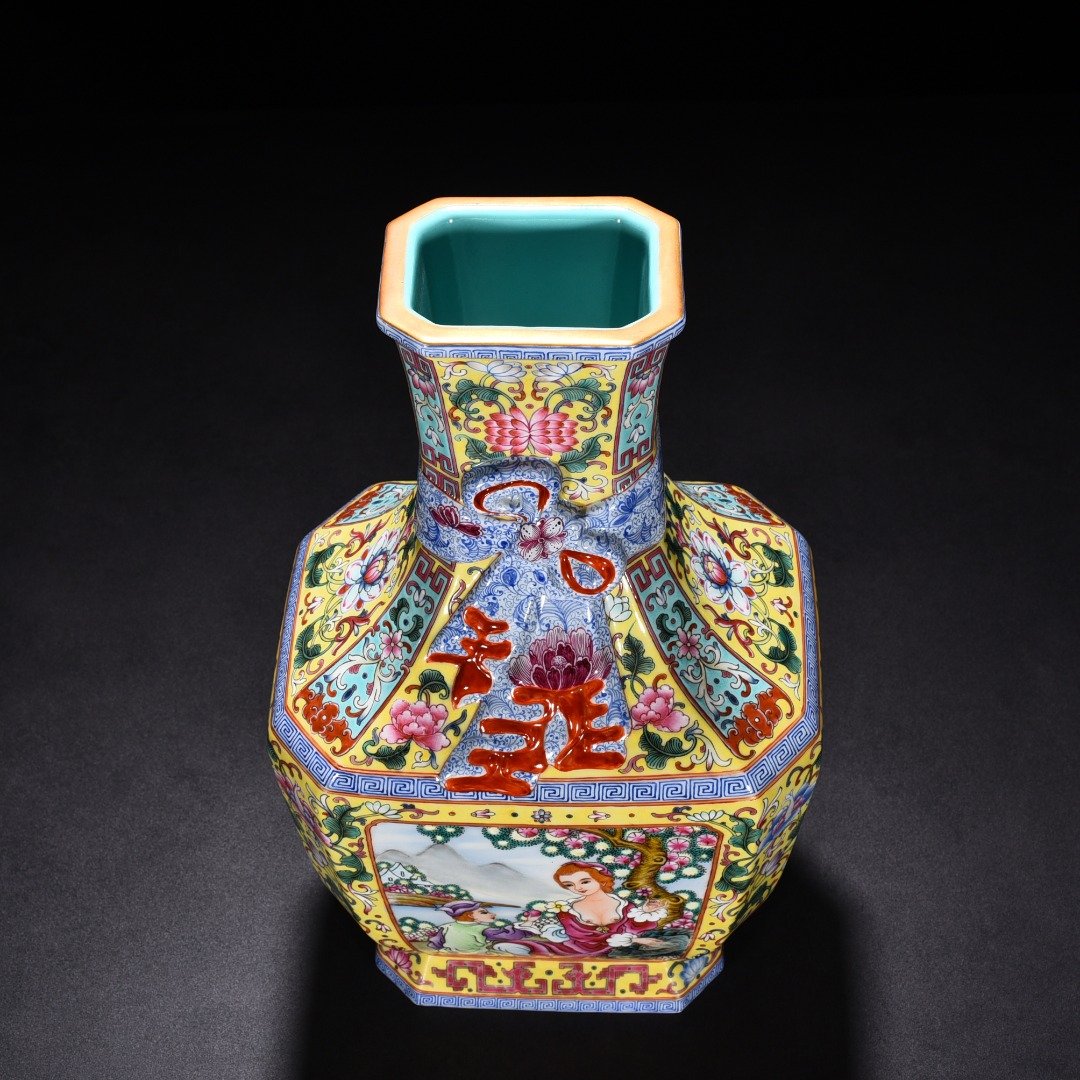 Qing Dynasty Qianlong yellow ground enamel square vase
