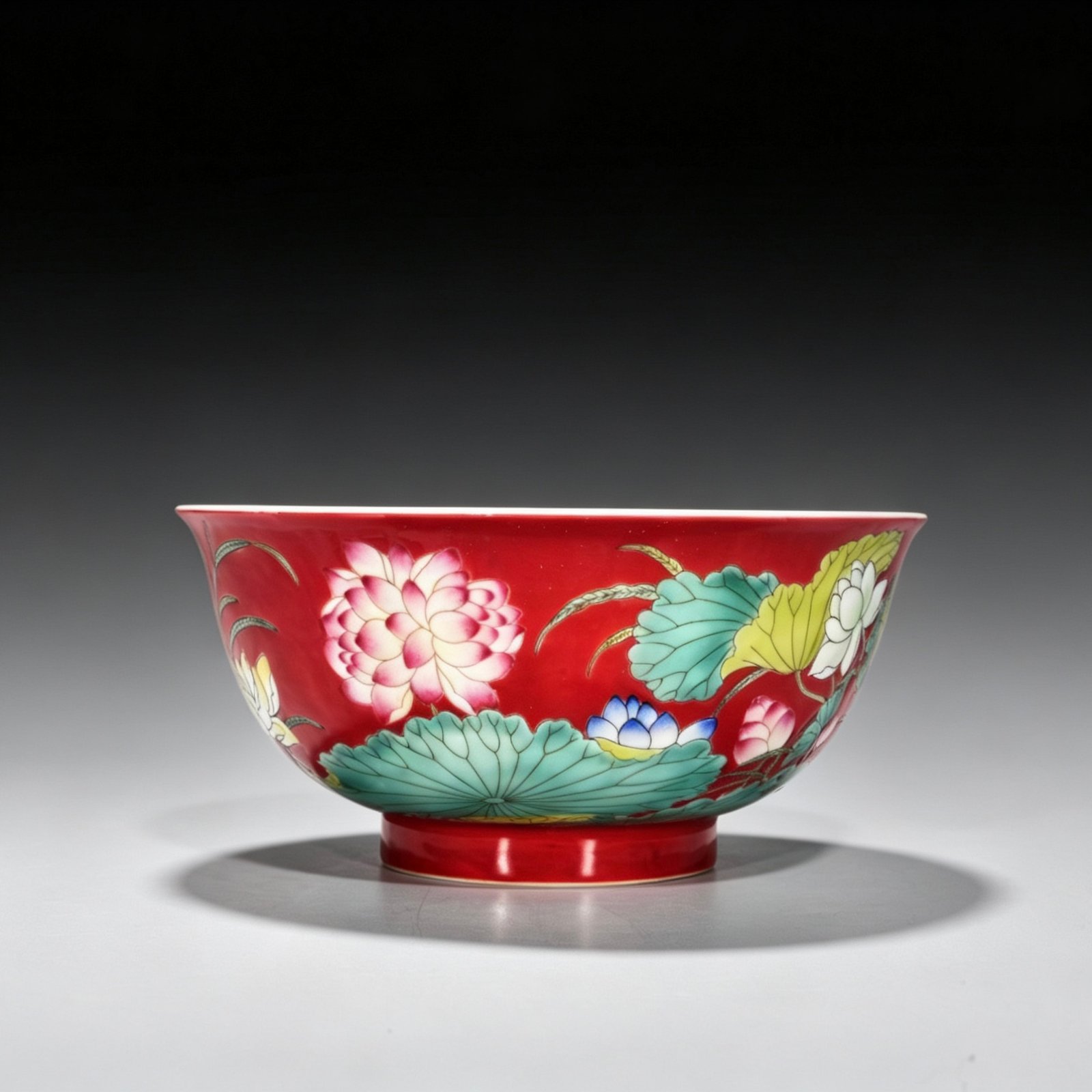 Qing Dynasty Kangxi Red ground enamel lotus bowl
