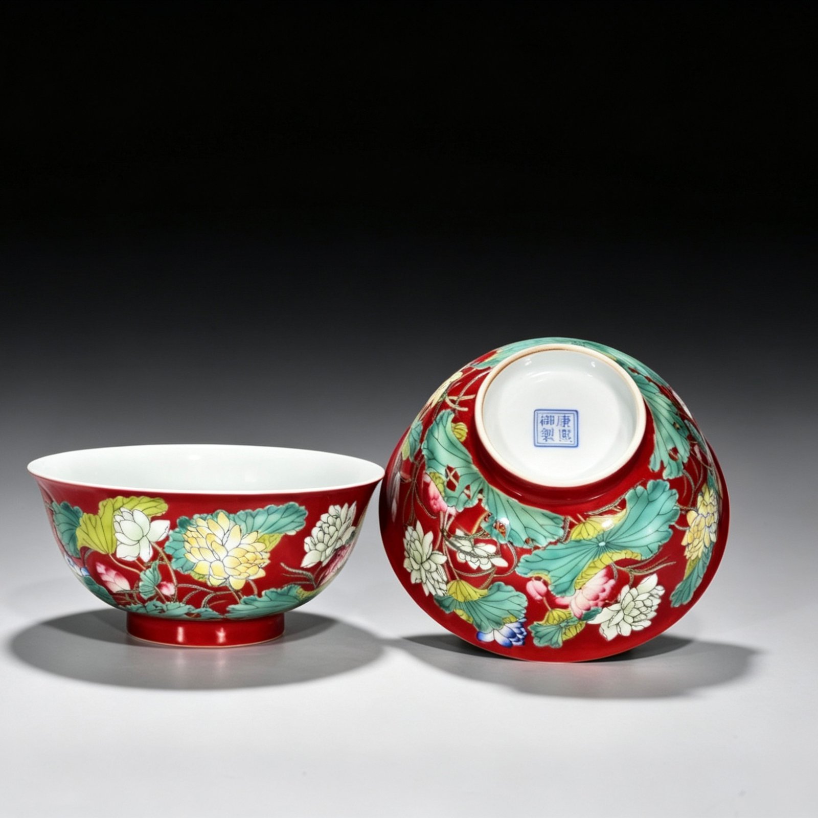 Qing Dynasty Kangxi Red ground enamel lotus bowl