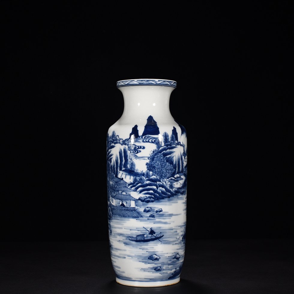 Qing Dynasty Kangxi blue and white landscape stick vase