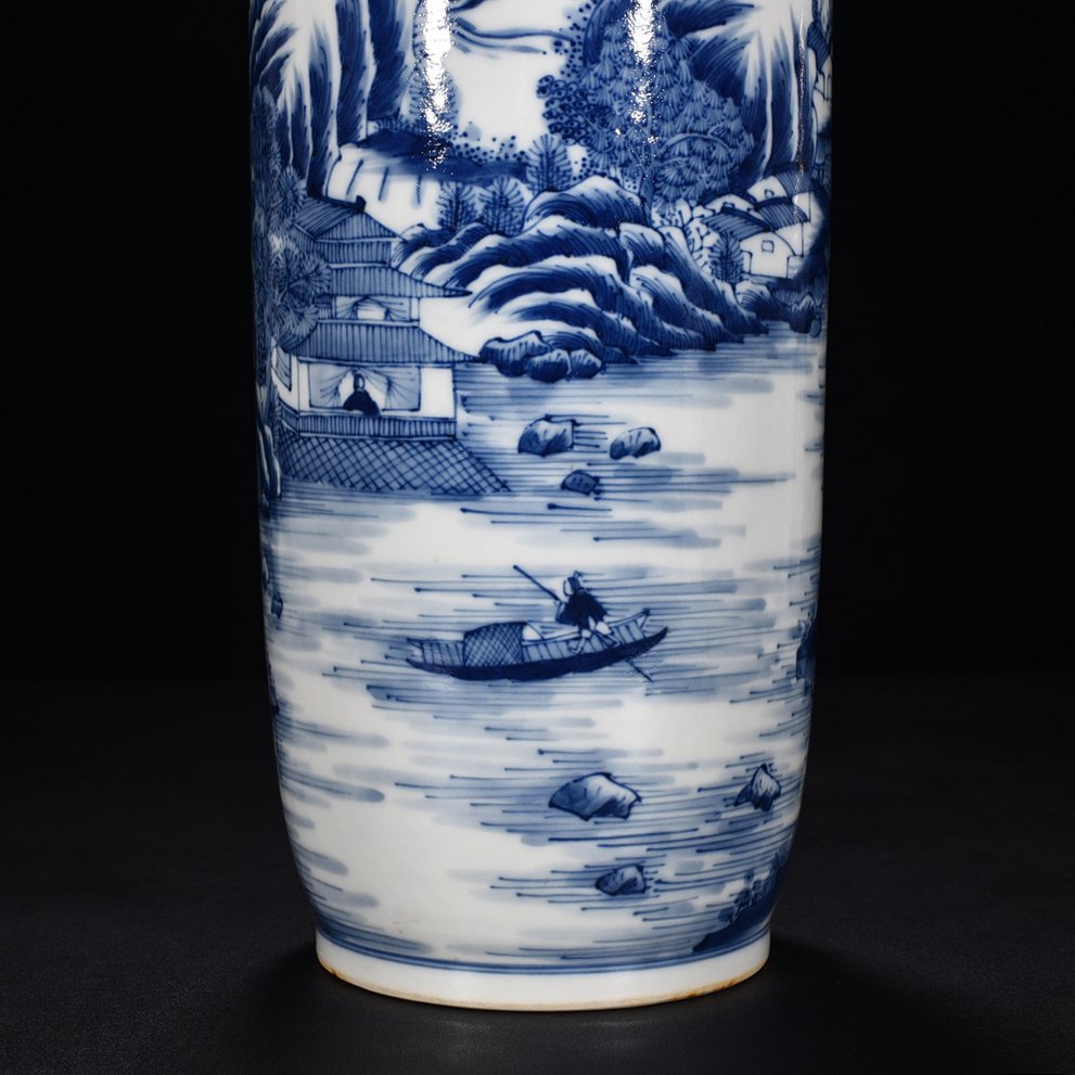 Qing Dynasty Kangxi blue and white landscape stick vase