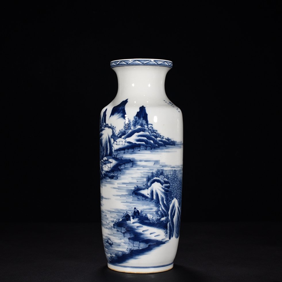 Qing Dynasty Kangxi blue and white landscape stick vase