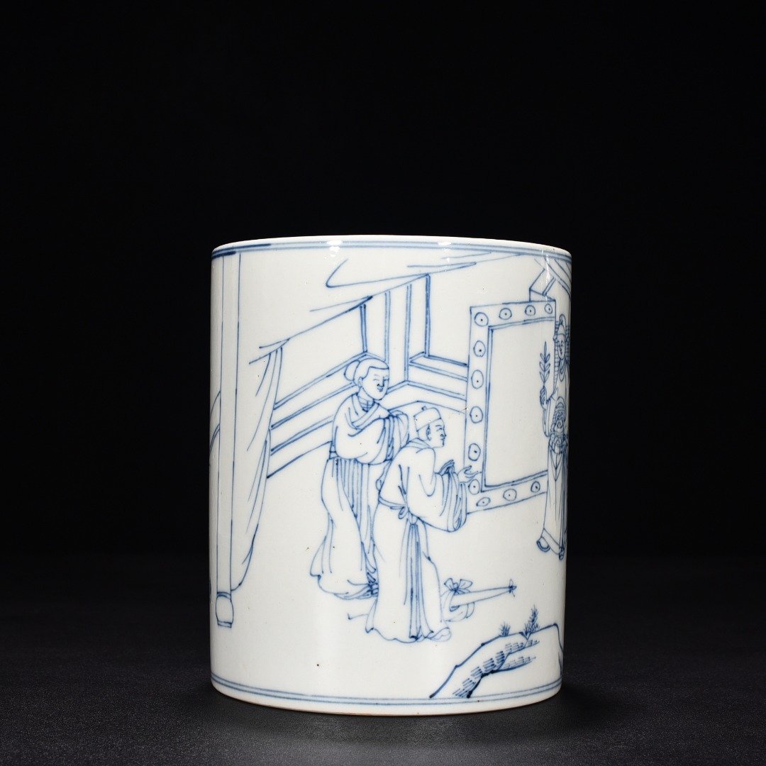 Qing Dynasty Kangxi blue and white line pen holder