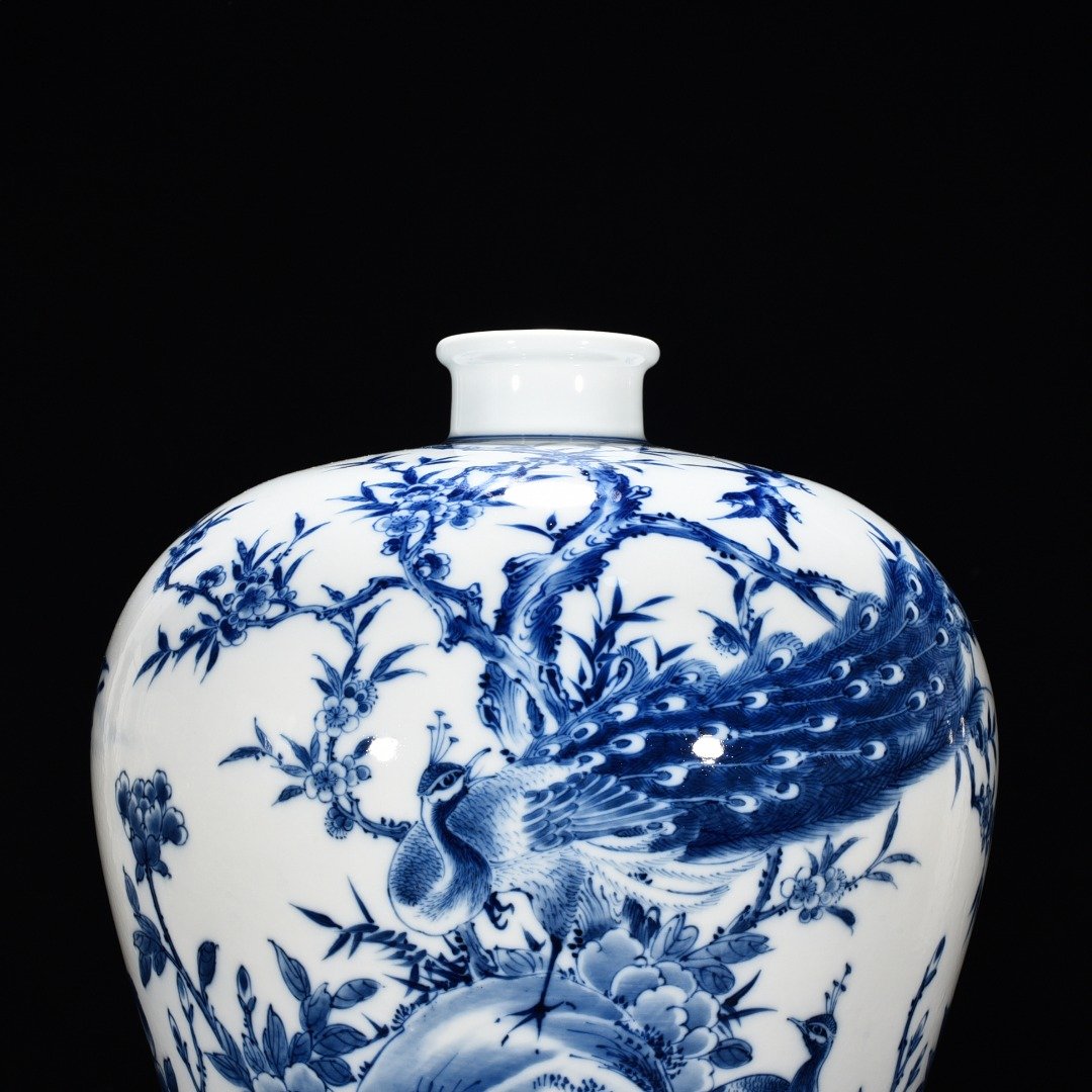 Qing Dynasty Yongzheng blue and white peacock flower plum vase