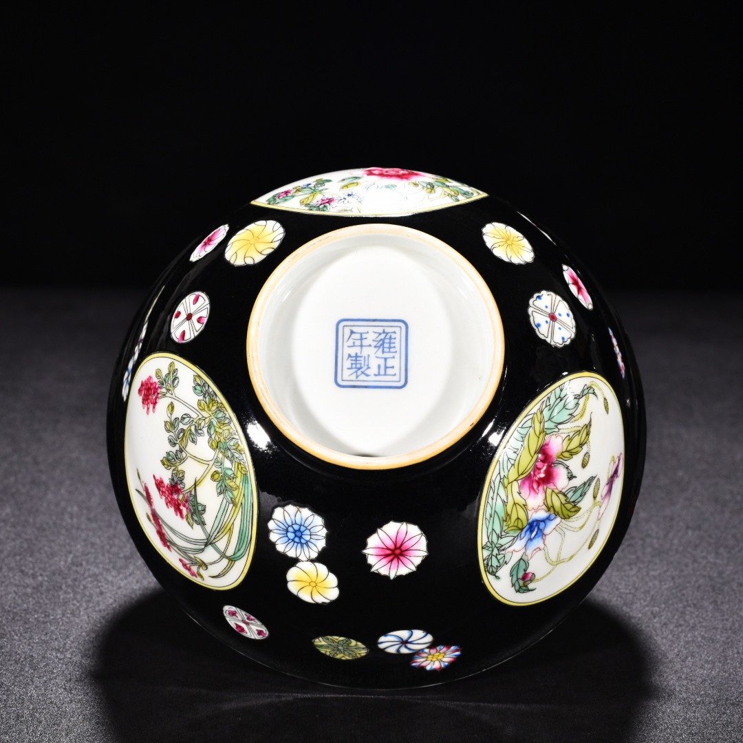 Qing Dynasty Yongzheng black ground enamel poppy bowl