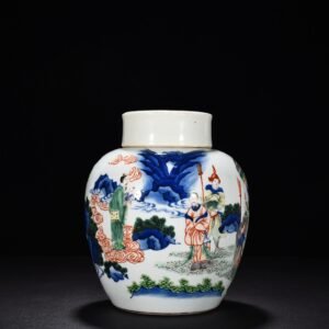 Qing Dynasty Shunzhi blue and white colorful character story lid jar