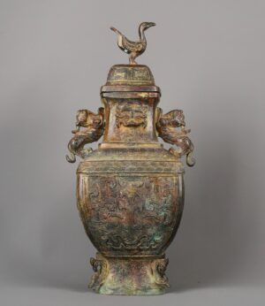 Zhou Dynasty Bronze Double Dragon Standing Bird Square Vase