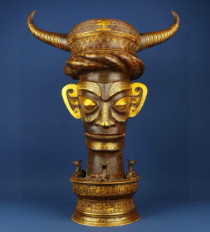 Sanxingdui Dynasty Bronze and gold inlaid human faced bull head drum