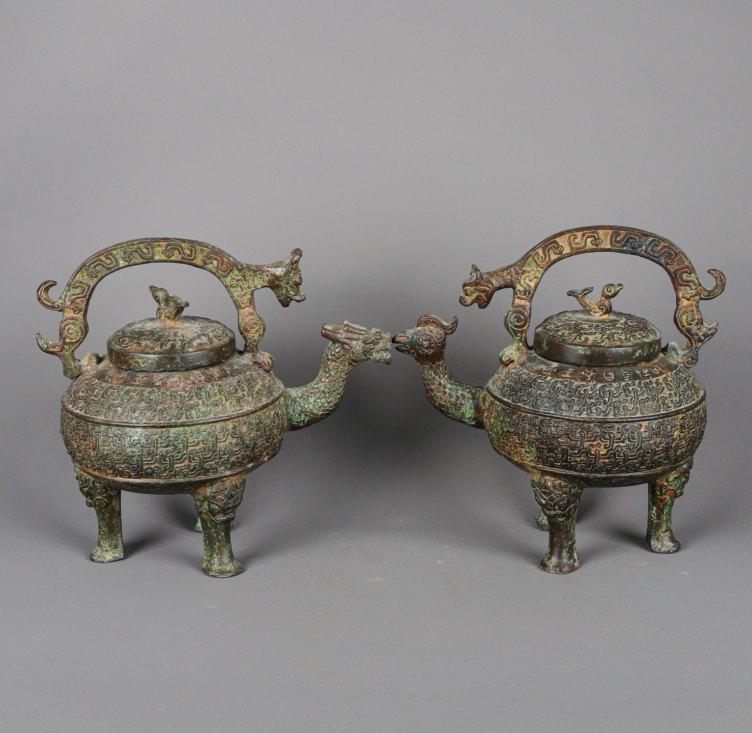 Zhou Dynasty Pair of Bronze Dragon and Phoenix Lifts