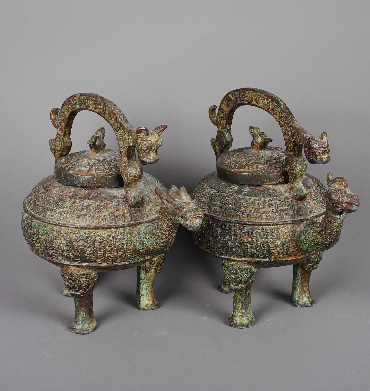 Zhou Dynasty Pair of Bronze Dragon and Phoenix Lifts