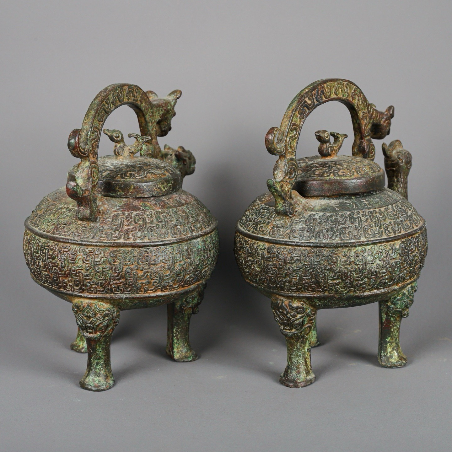 Zhou Dynasty Pair of Bronze Dragon and Phoenix Lifts