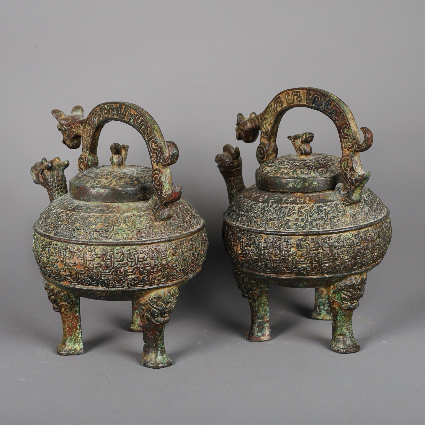 Zhou Dynasty Pair of Bronze Dragon and Phoenix Lifts