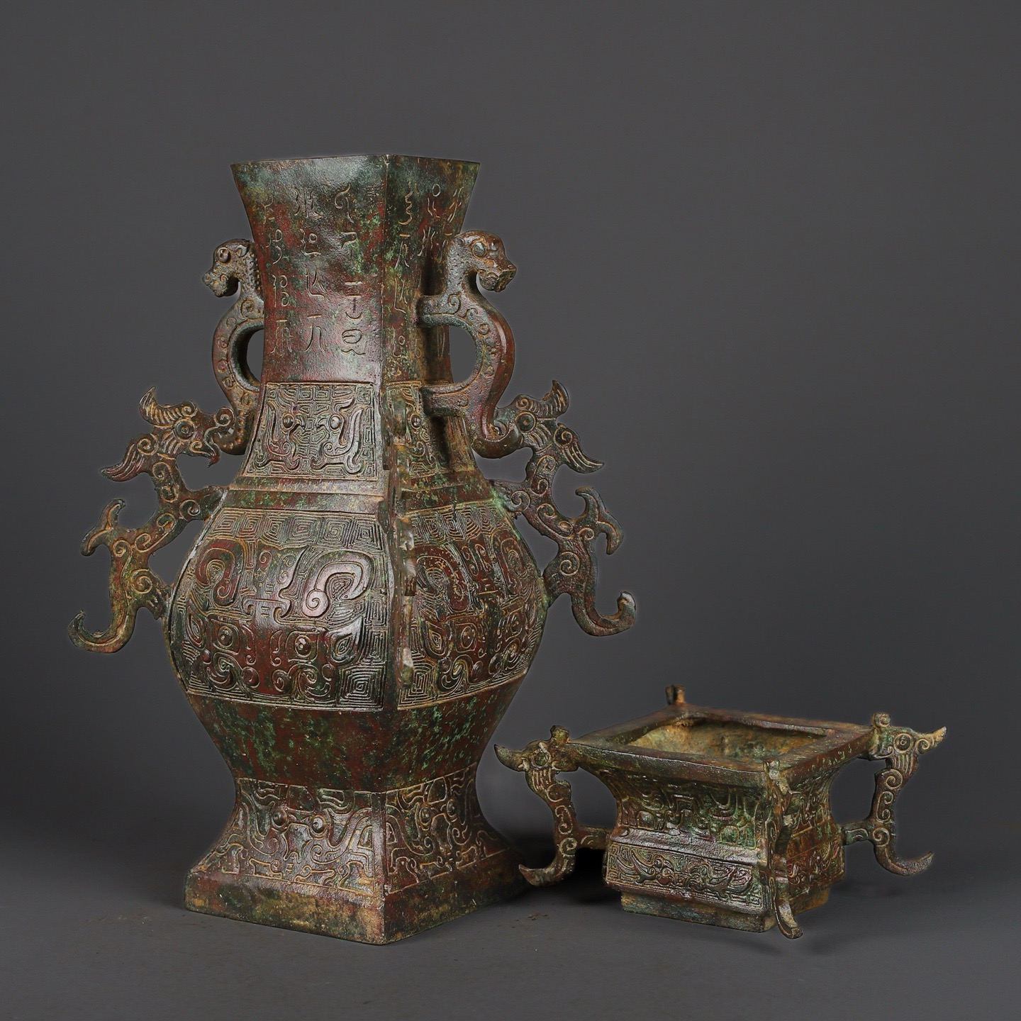 Zhou Dynasty Bronze Square Vase with Four Dragons Inscription