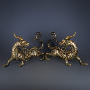 Han Dynasty Pair of Bronze and Gold and Silver One horned and Long tailed Beasts