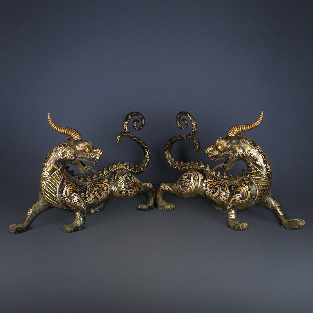 Han Dynasty Pair of Bronze and Gold and Silver One horned and Long tailed Beasts