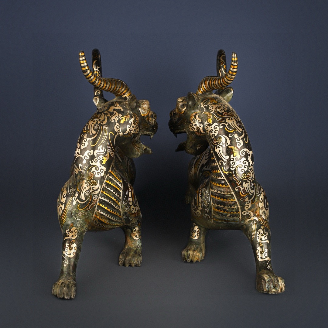 Han Dynasty Pair of Bronze and Gold and Silver One horned and Long tailed Beasts