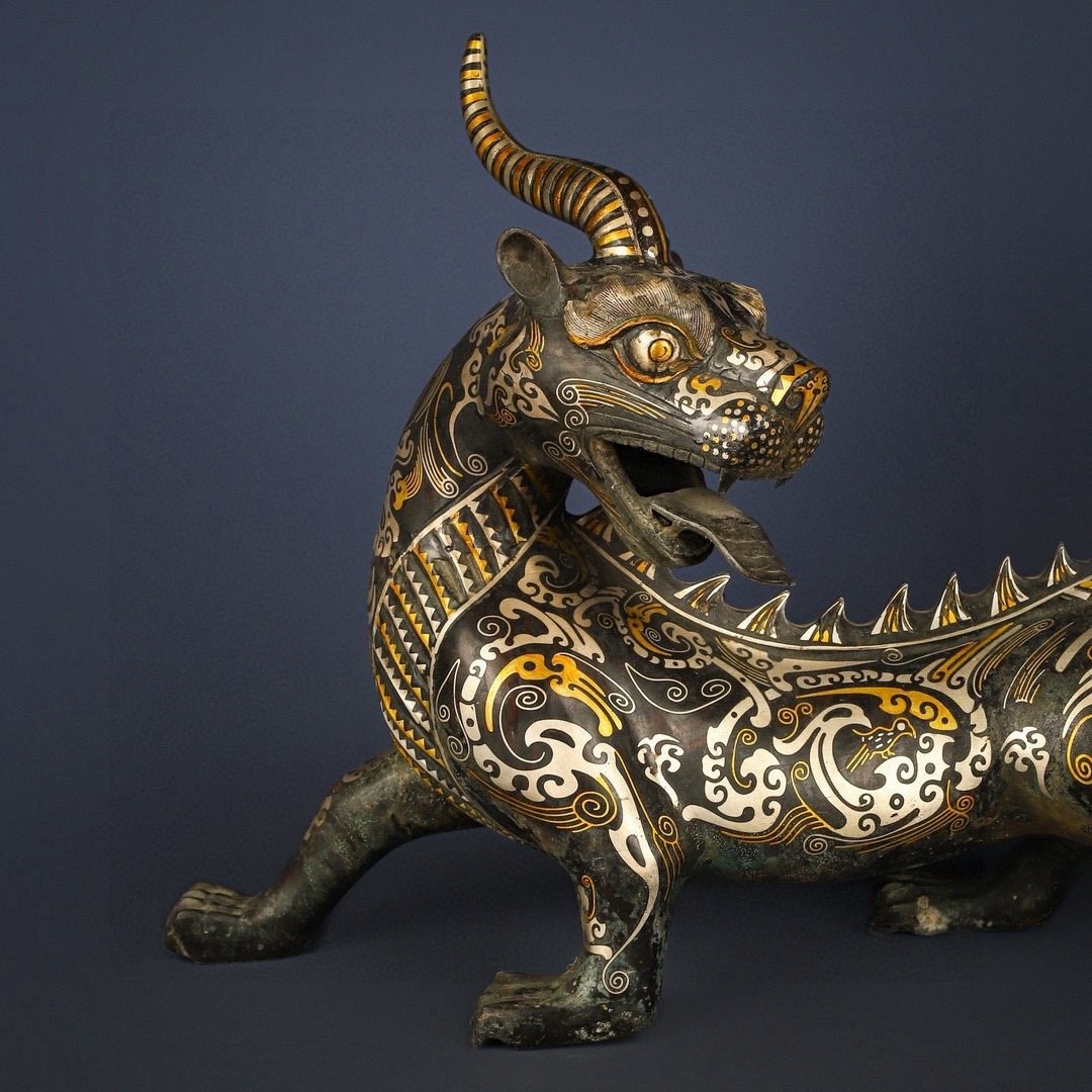 Han Dynasty Pair of Bronze and Gold and Silver One horned and Long tailed Beasts