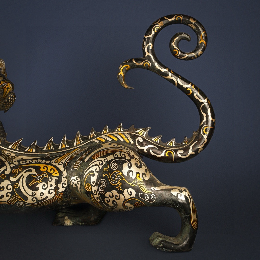 Han Dynasty Pair of Bronze and Gold and Silver One horned and Long tailed Beasts