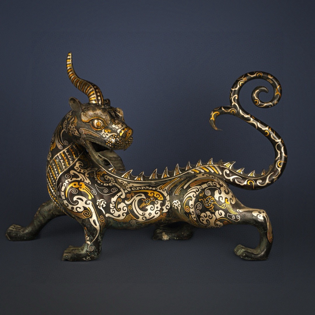 Han Dynasty Pair of Bronze and Gold and Silver One horned and Long tailed Beasts