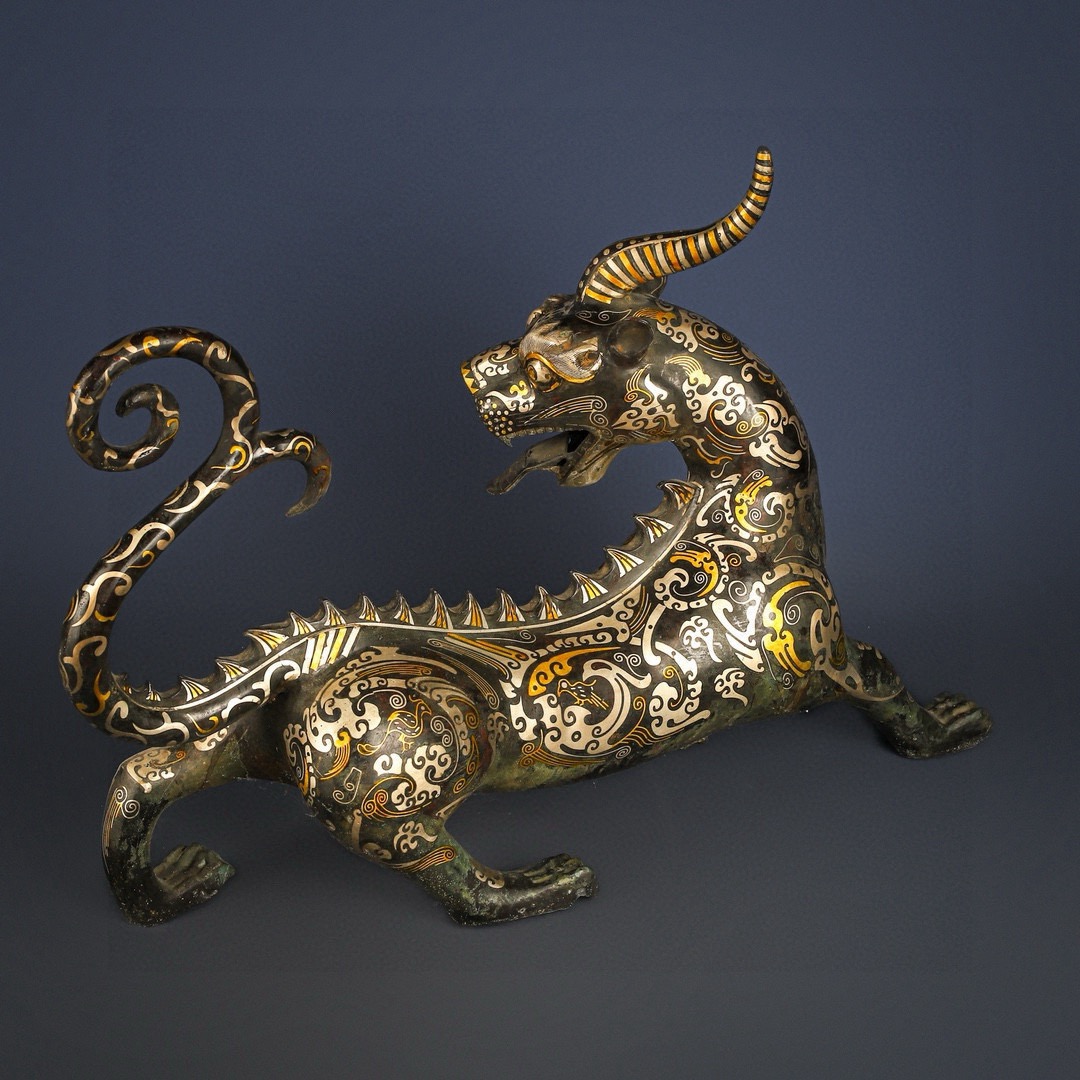 Han Dynasty Pair of Bronze and Gold and Silver One horned and Long tailed Beasts