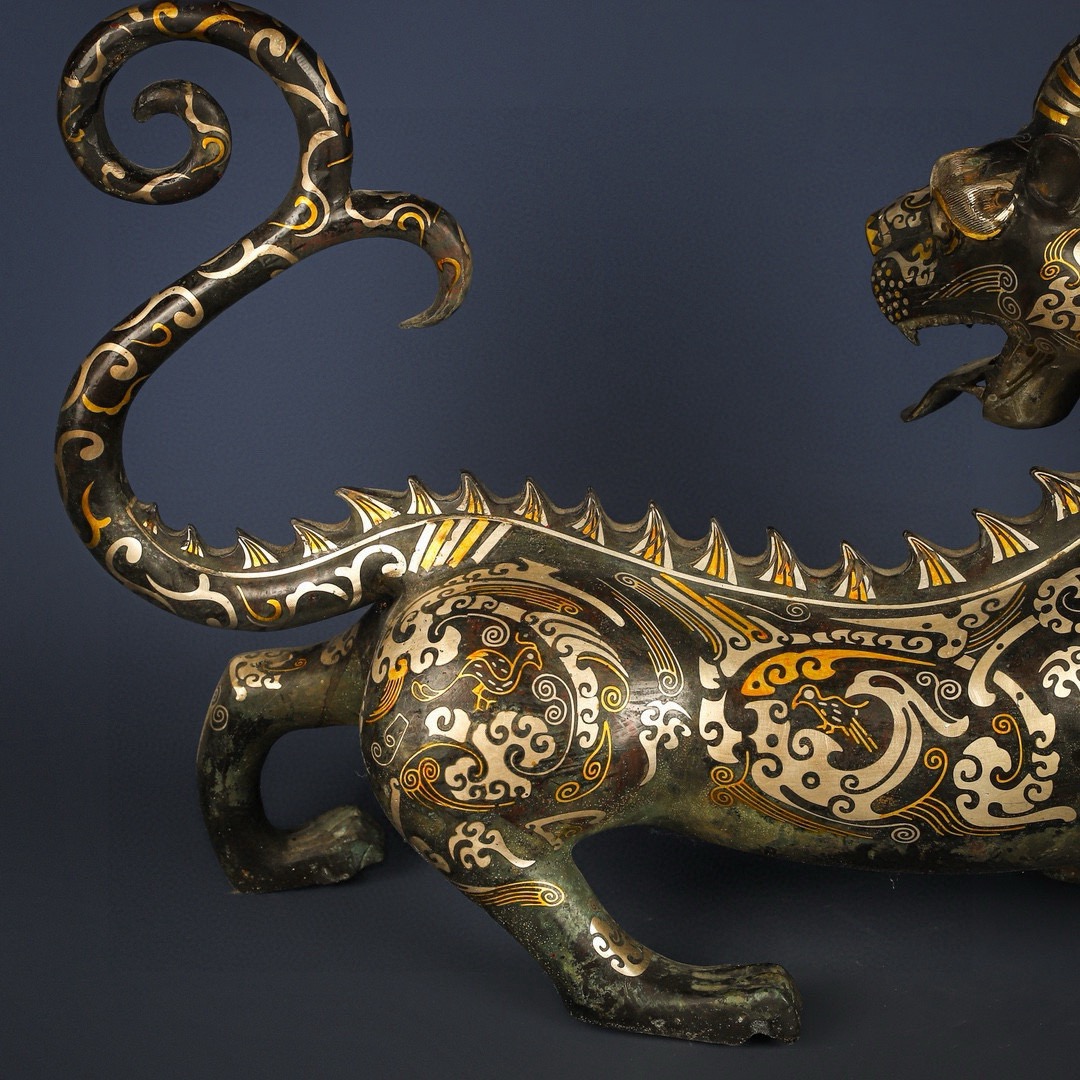 Han Dynasty Pair of Bronze and Gold and Silver One horned and Long tailed Beasts