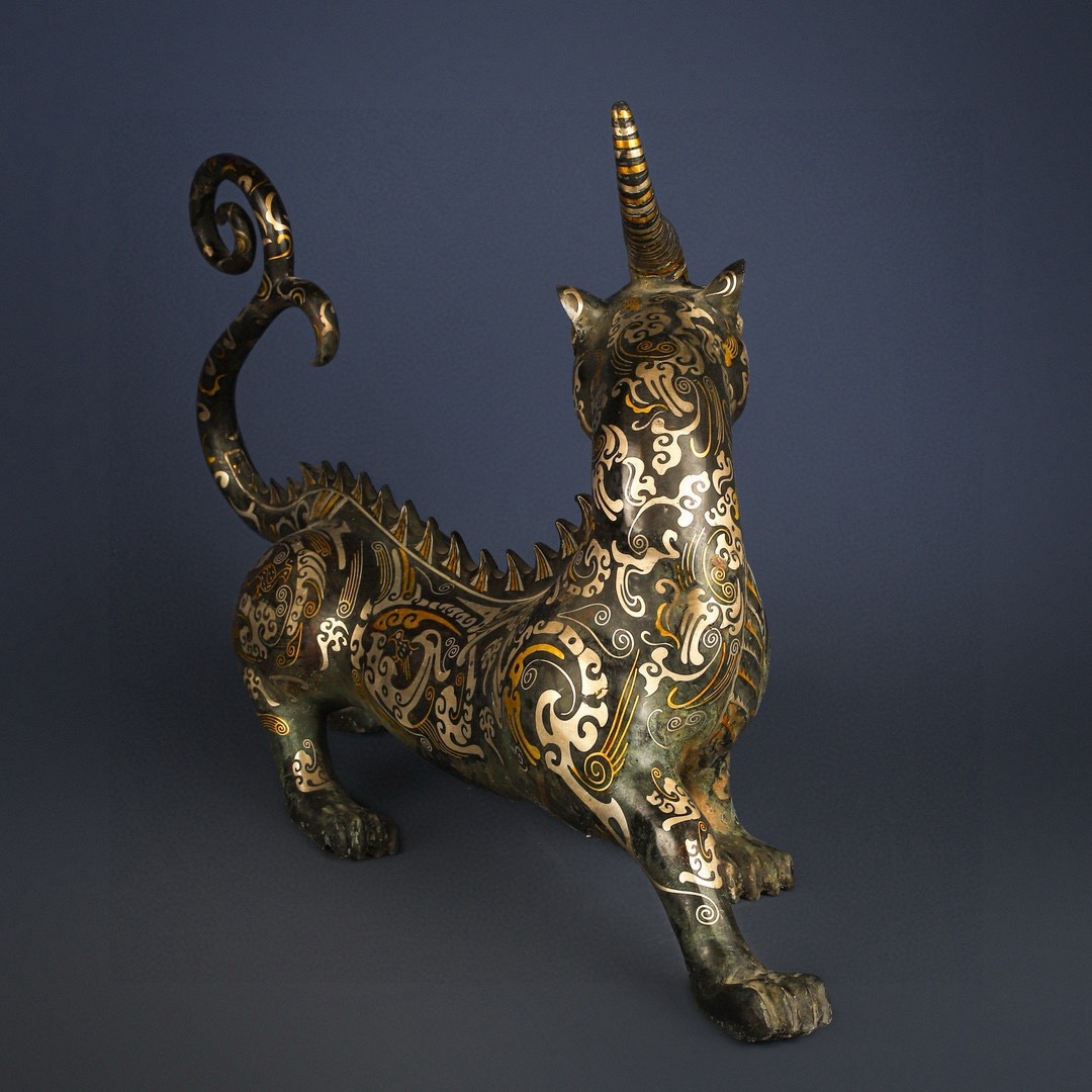 Han Dynasty Pair of Bronze and Gold and Silver One horned and Long tailed Beasts