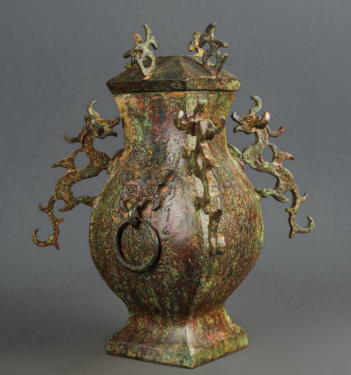 Han Dynasty Bronze square vase with four dragons inscription