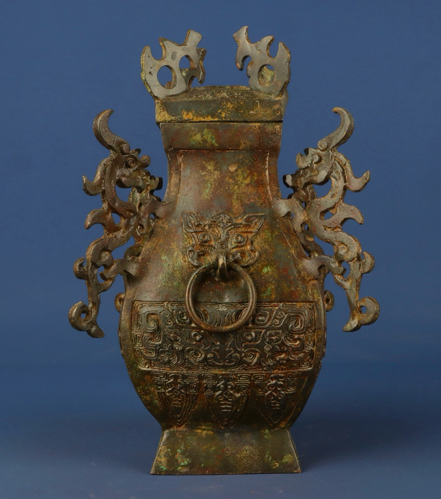 Han Dynasty Bronze square vase with four dragons inscription