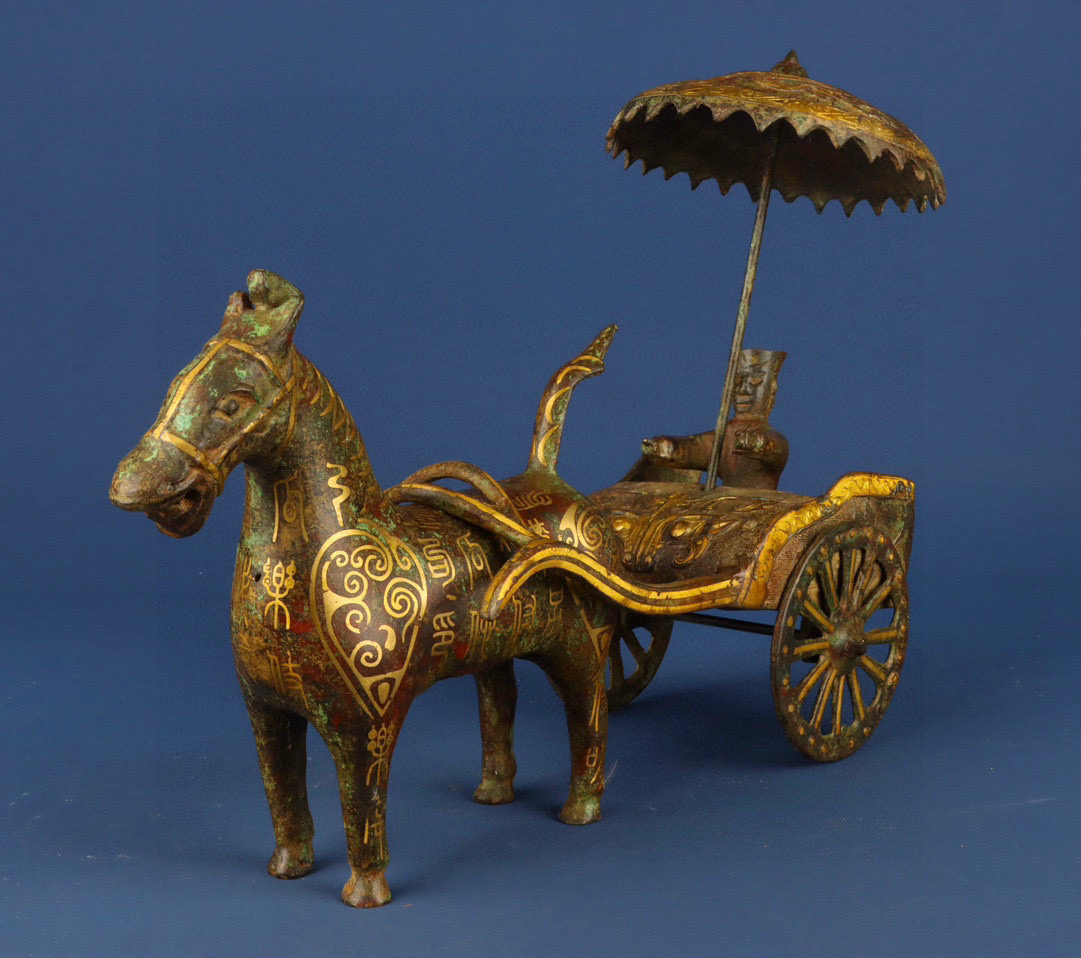 Han Dynasty Bronze and gold horse drawn chariot